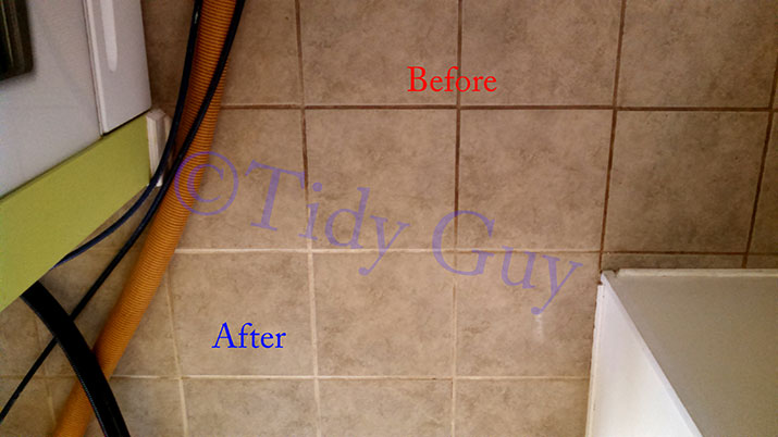 Tiles and grout in the kitchen showing partially dirty and clean condition